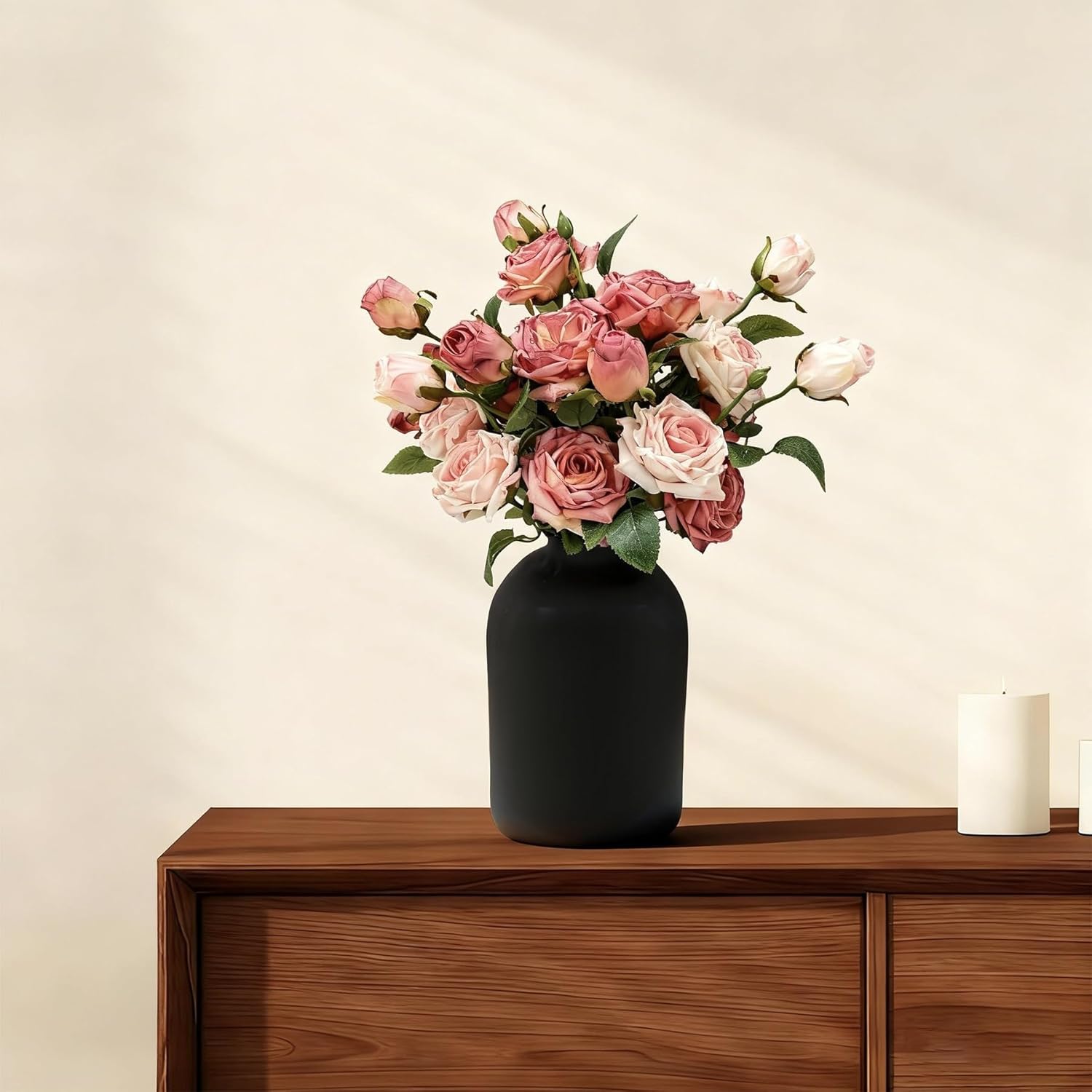 Artificial Flowers with Vase, 15 Heads Silk Roses, Flowers for Centerpieces, Matte Black Metal Vase, Modern Farmhouse Decor, Tabletop Decorations for Party, House Stuff for New Home, 8.6"