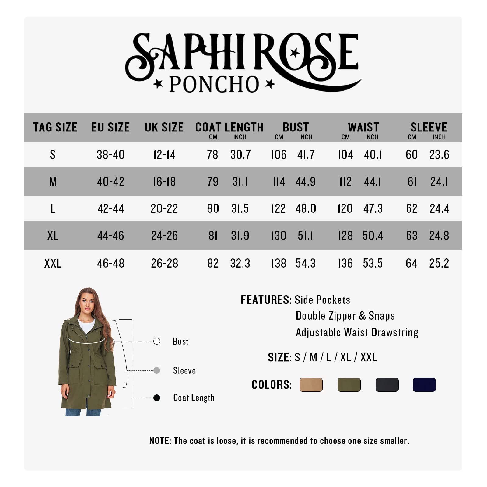 SaphiRose PONCHO Damska kurtka przeciwdeszczowa, wiatrówka, wodoszczelna, z kapturem, kurtka przejściowa z oddychającą podszewką, na wiosnę, lato i jesień, Zielony (wodoodporny materiał), 44-46