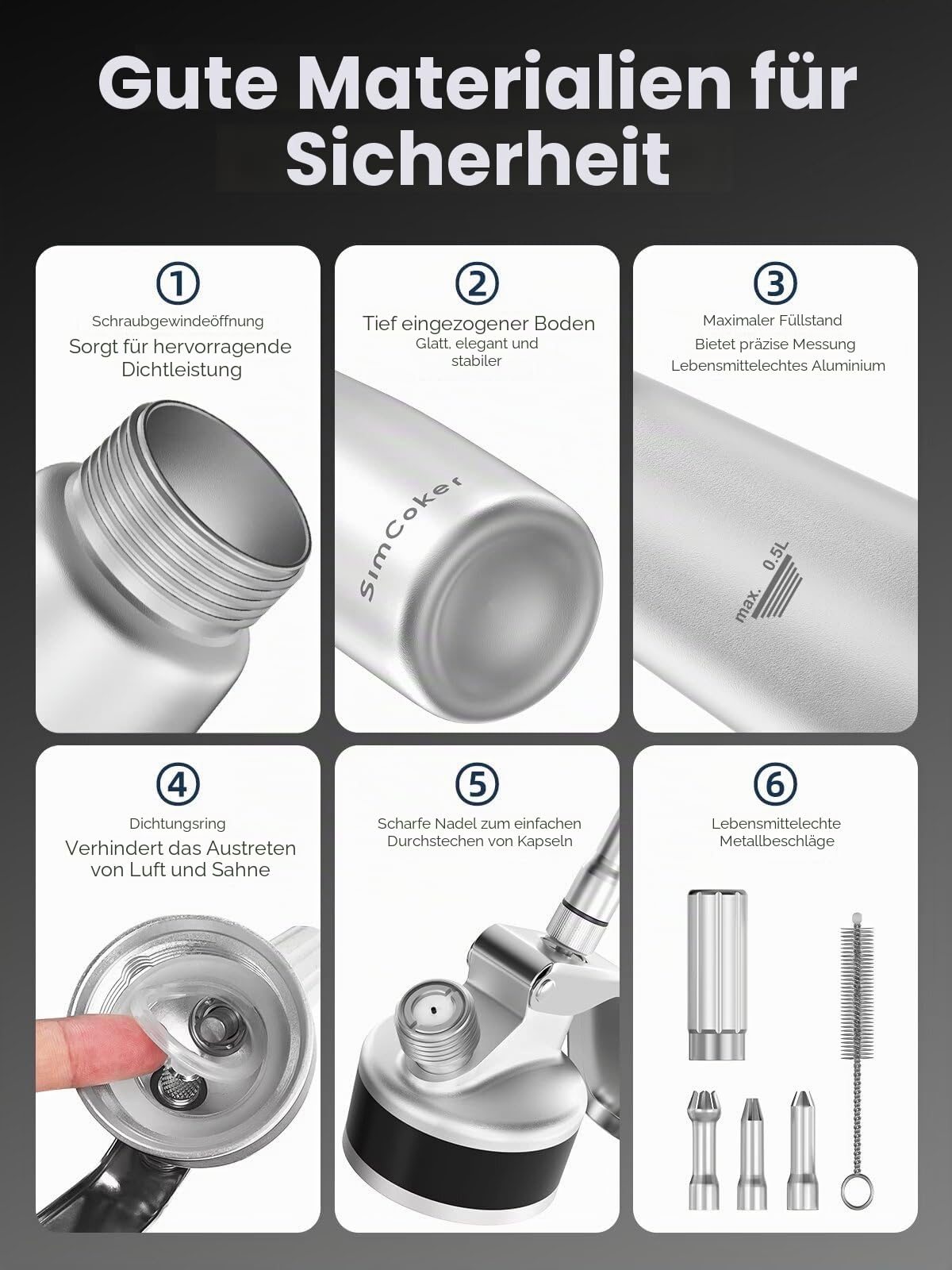 Sahnespender 500 ml aus Aluminium, 3 Tüllen, Silber | Leichter Aluminiumbehälter mit Bürste, Beutel, Kapselhalter und deutscher Anleitung. Sahnekapseln nicht enthalten.