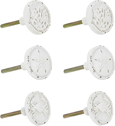 Miniatura 5 de SOFFEE DESIGN Juego de 6 pomos de metal blanco estilo playa, dólar de arena, cangrejo, mango decorativo coral para puertaarmariocajón, para muebles