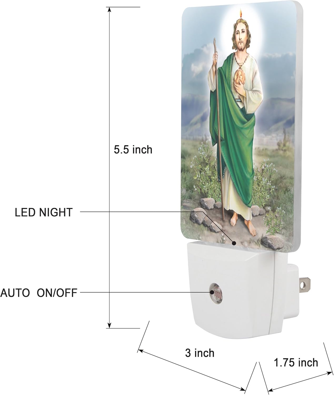 Saints Collection Unique St. Jude Plug In LED Night Light with Automatic Dusk to Dawn Sensor, Devotional Night Light, For Nursery, Bathroom, Bedroom, Kids Room, and Hallway