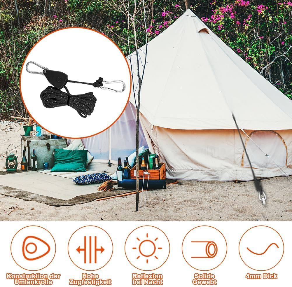 Corde A Cliquet Voile Ombrage Tendeur Réfléchissant De 4 Mm Avec Tendeur De Corde, Haubans Réglables De 4 M, Pour Camping Avec Cliquet, Crochet, Tendeur Pour Tente Rope Ratchet