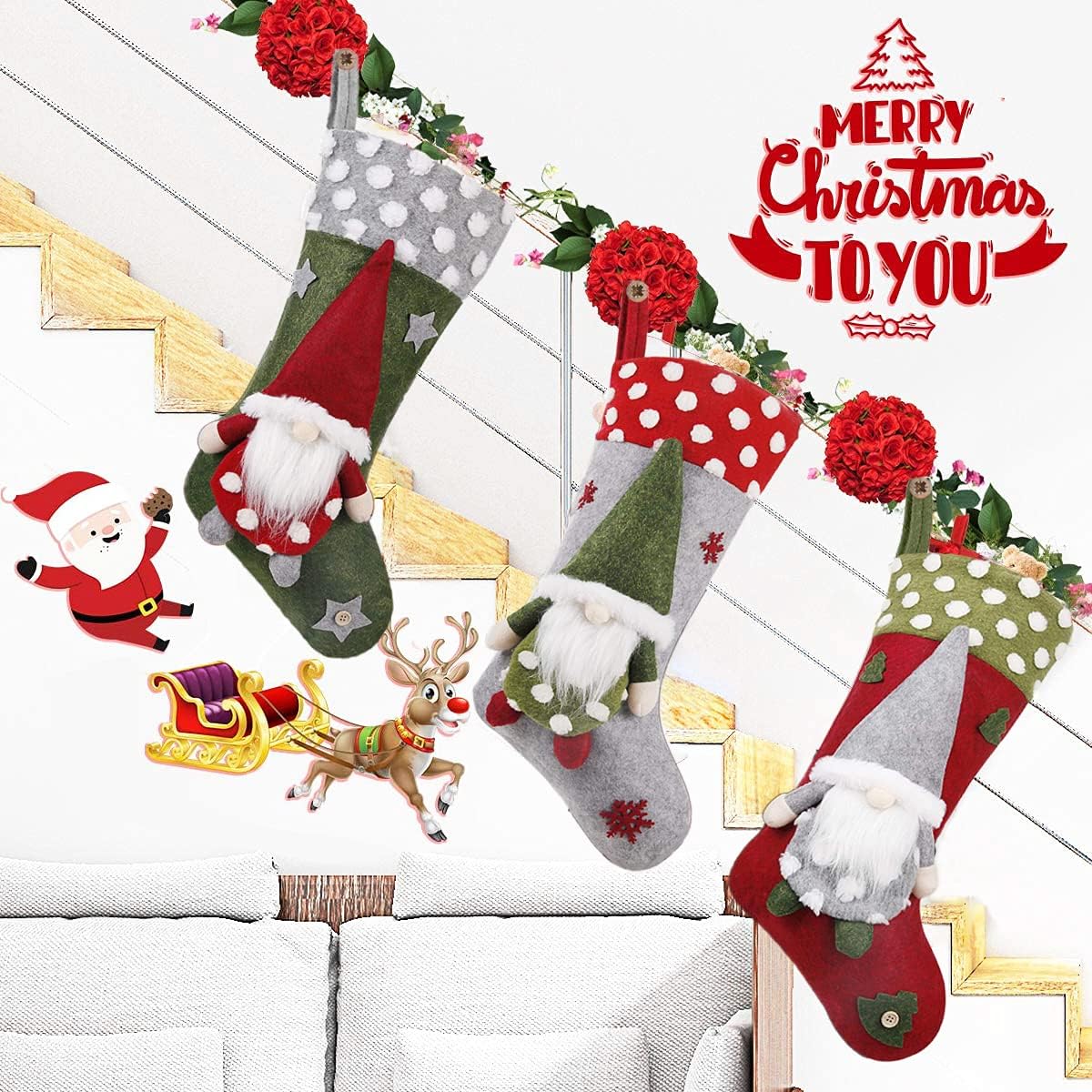 Christmas Stocking 3 Pack, 19 Inch 3D Gnomes Santa Christmas Stockings Fireplace Hanging Stockings for Family Christmas Decoration Xmas Character Holiday Season Party Decor