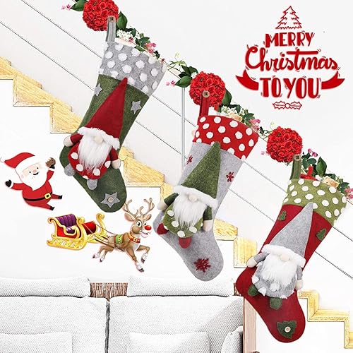 Miniatura 3 de Paquete de 3 calcetines de Navidad, gnomos 3D de 19 pulgadas, calcetines de Navidad de Papá Noel, medias colgantes para chimenea, decoración de