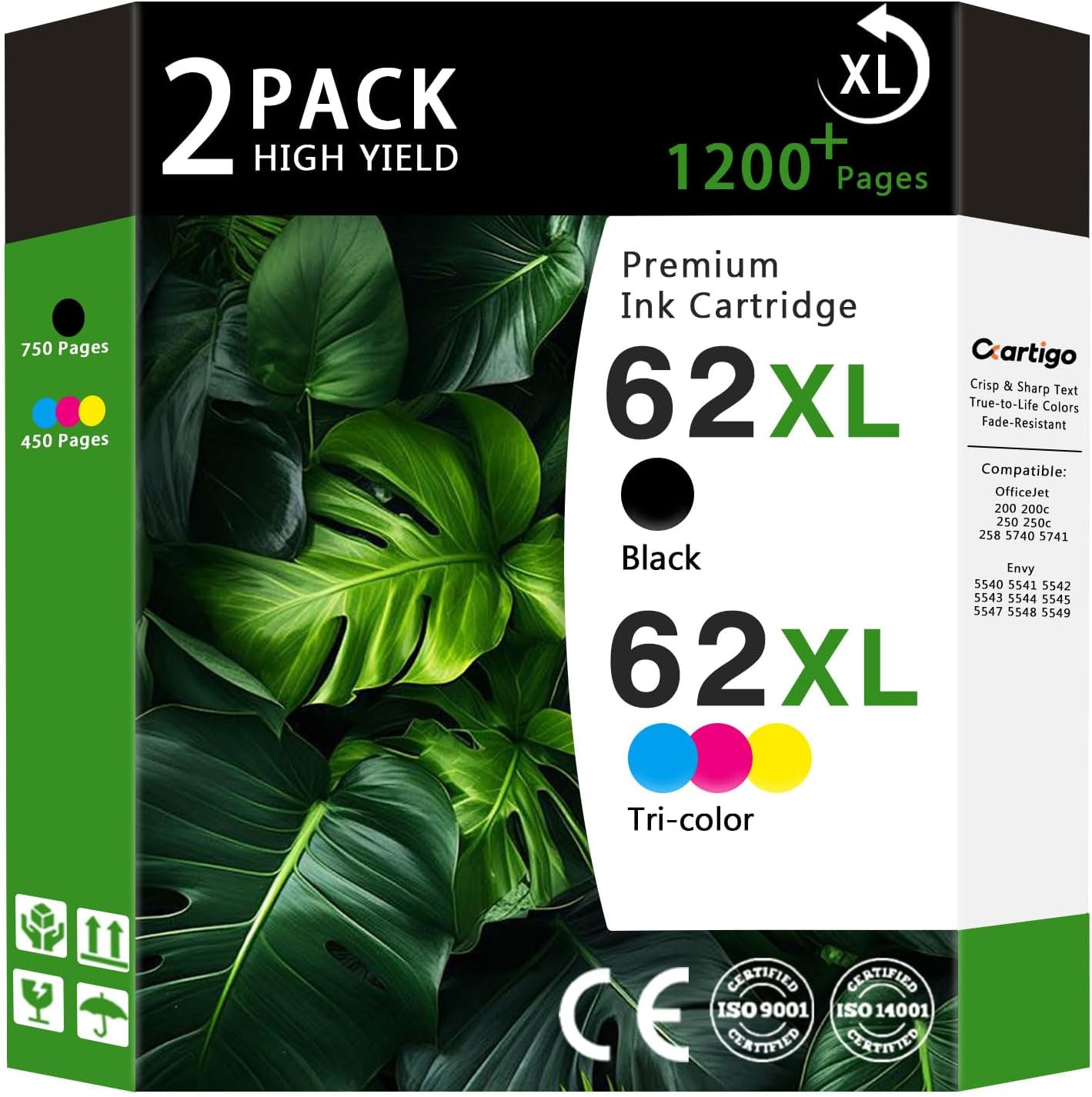 62XL High Yield Ink Cartridges Combo Pack (1 Black/1 Tri-Color 2-Pack) Compatible for HP 62XL 62 Replacement for HP Envy 5540 5640 5660 7644 OfficeJet 5740 5741 8040 200 250 Series Printers