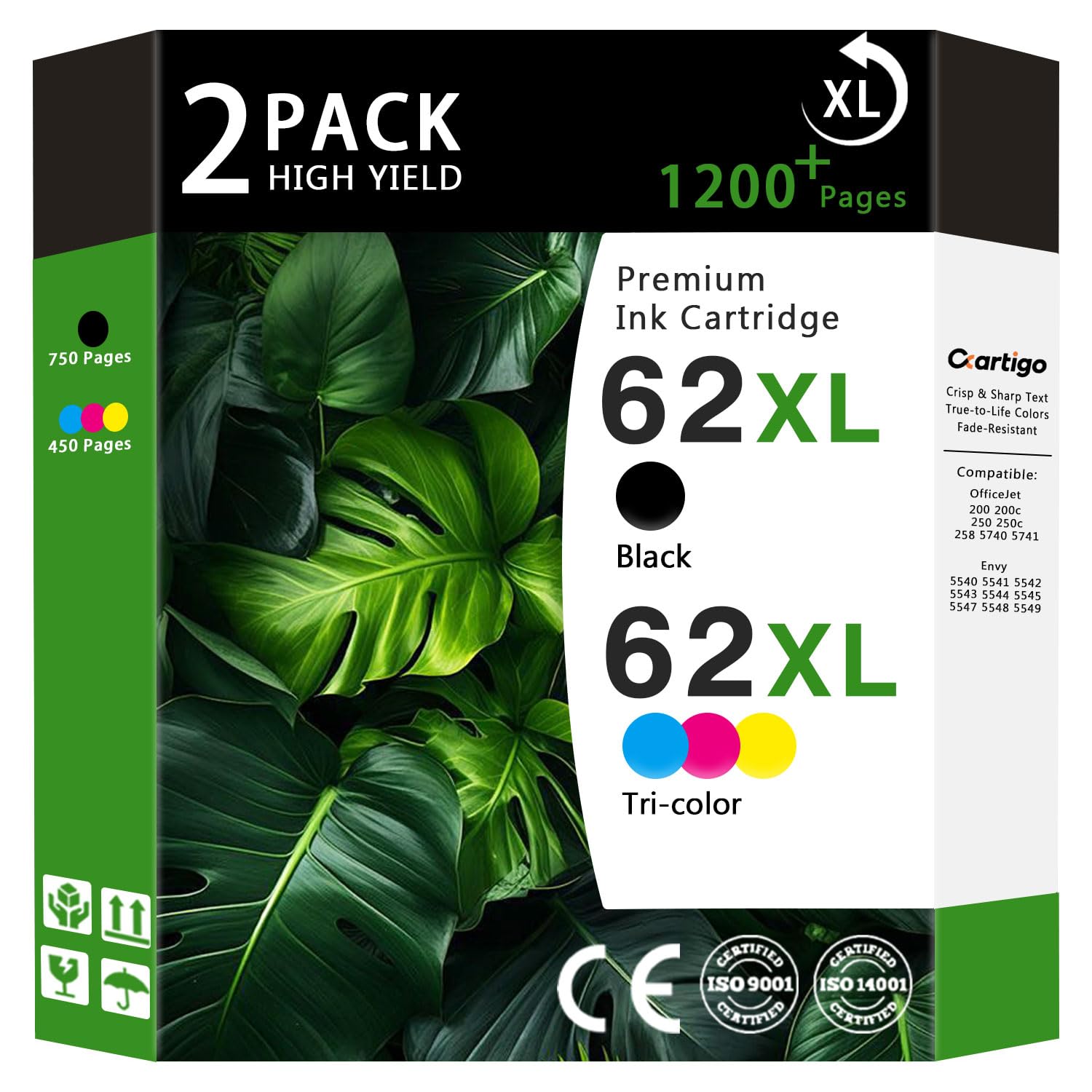 Photo 1 of Cartigo 62XL High Yield Compatible Ink Cartridges Replacement for HP 62, Fit HP Envy 5540 5640 5660 7644 OfficeJet 5740 5741 8040 200 250 Series Printers, Combo 2-Pack (1 Black / 1 Tri-Color Non-OEM)