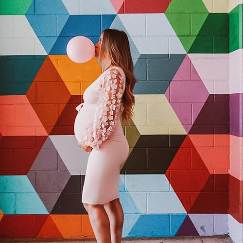 Miniatura 4 de Vestido midi de maternidad de manga larga bishop con malla floral, vestido ajustado de maternidad de otoño para baby shower