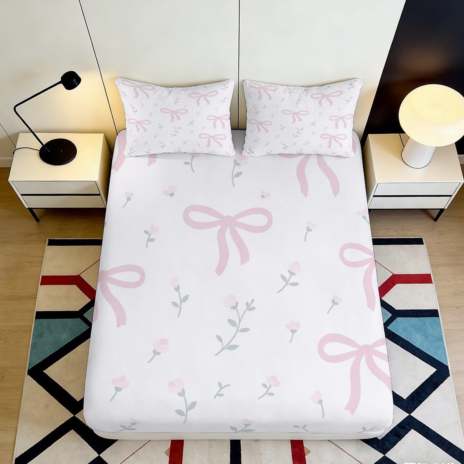 3D Printed Pink Bow Fitted Sheet Microfiber Soft Decorative Ribbon Mattress Cover for Bedroom Guest Room Easy Care 90x200x25cm