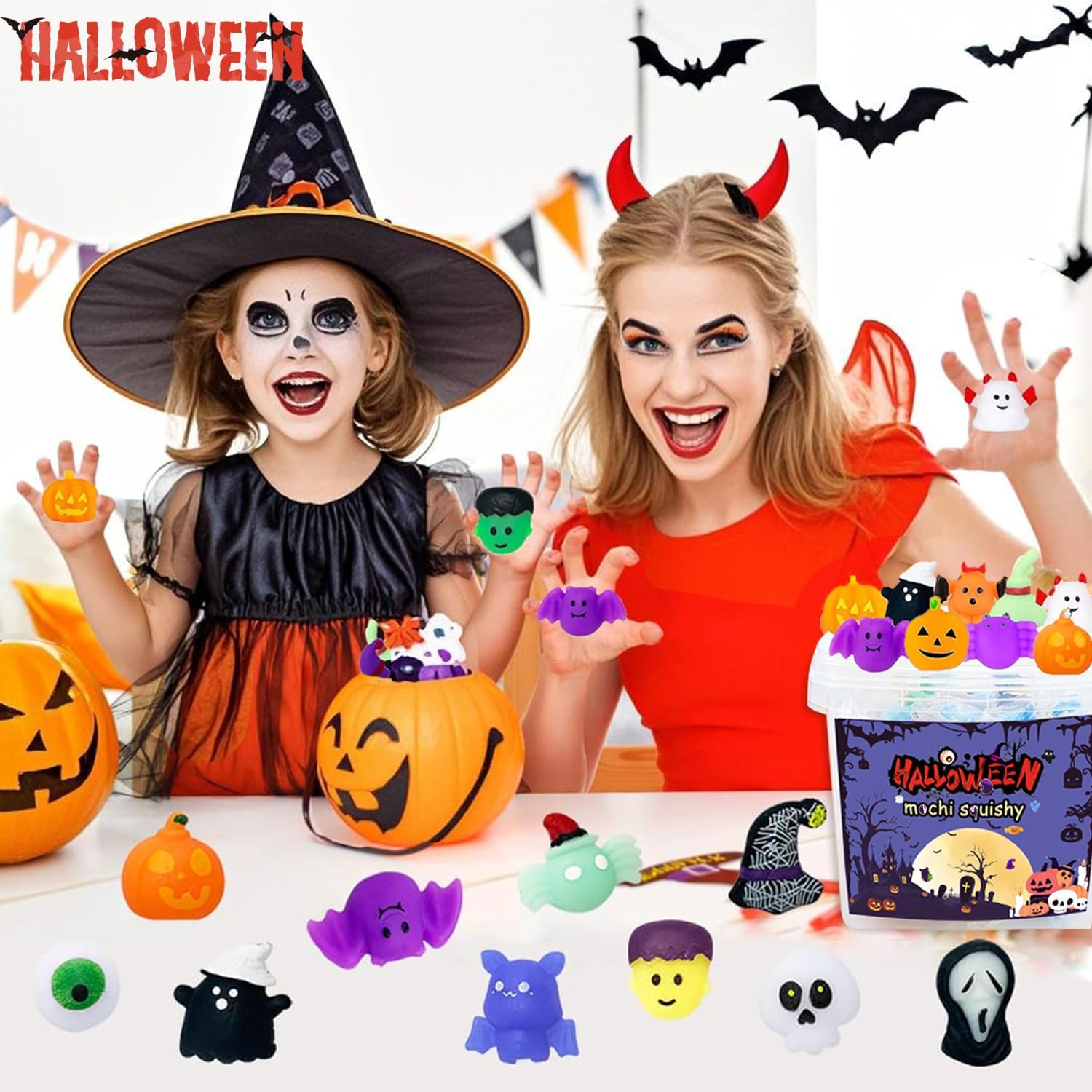 120 PCS Halloween Mochi Squishy Toys fillers with Storage Box — Non Candy Trick or Treat Gifts for Kids, Cute Halloween Party Favors, Pumpkin Ghost Spider Designs, Classroom Prizes, Stress Relief Toys