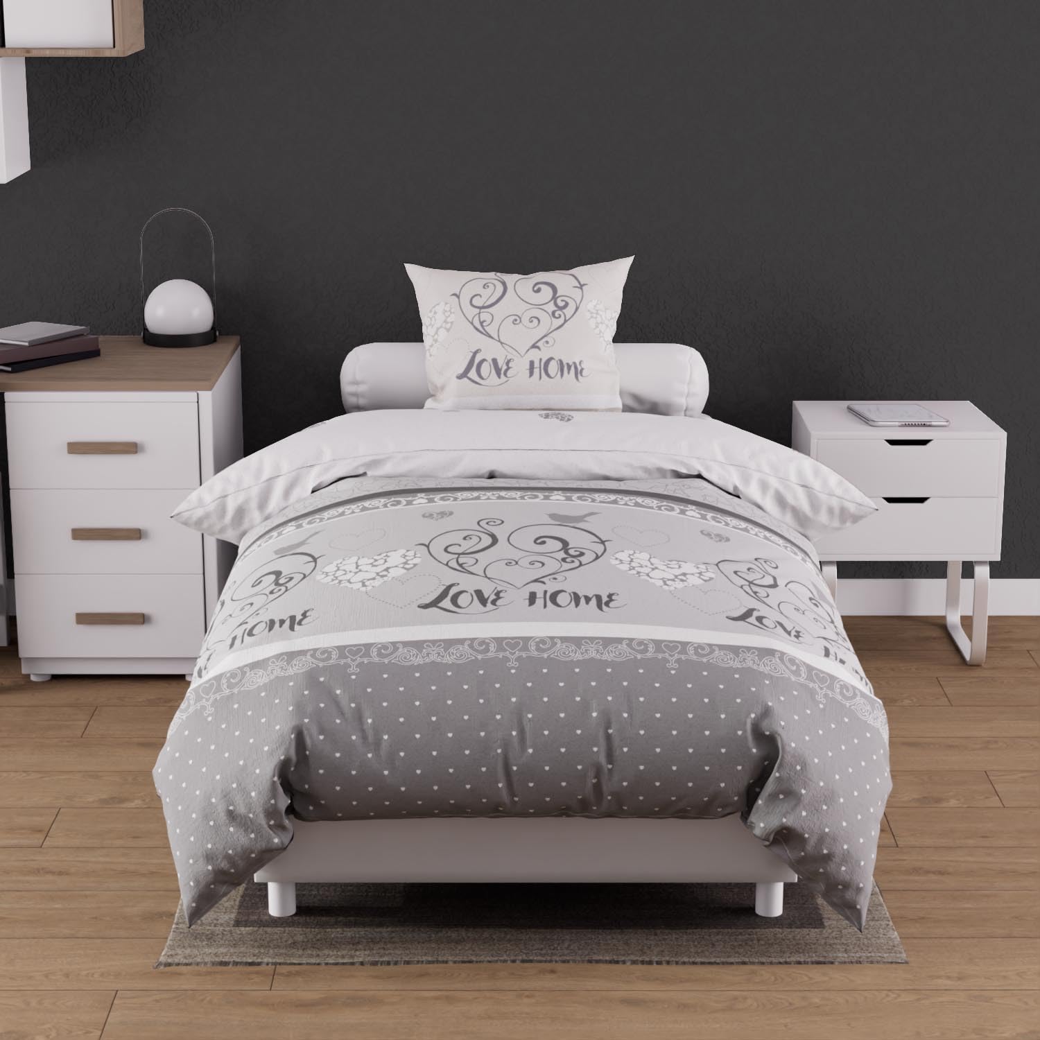 Housse de couette 140x200 grise Soleil d'ocre Valentine avec taie d'oreiller pour lit enfant