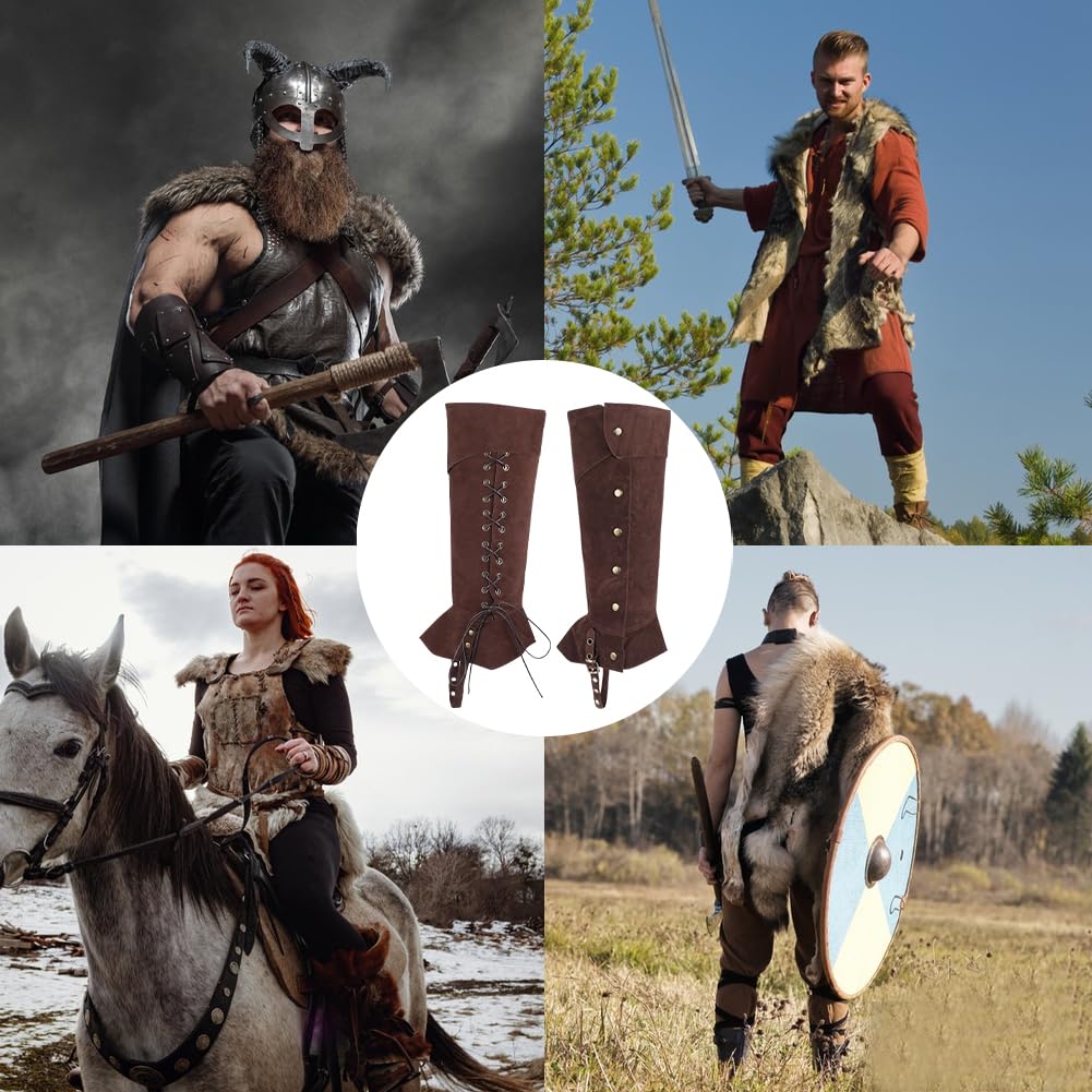 GORGECRAFT 2 pz Copristivali Medievali Coprigambe Cavaliere Rinascimentale Protezioni per Le Gambe Ghette Vintage Finto Velluto Regolabile con Coulisse Stivali Top per Scarpe Halloween Cosplay, caffè