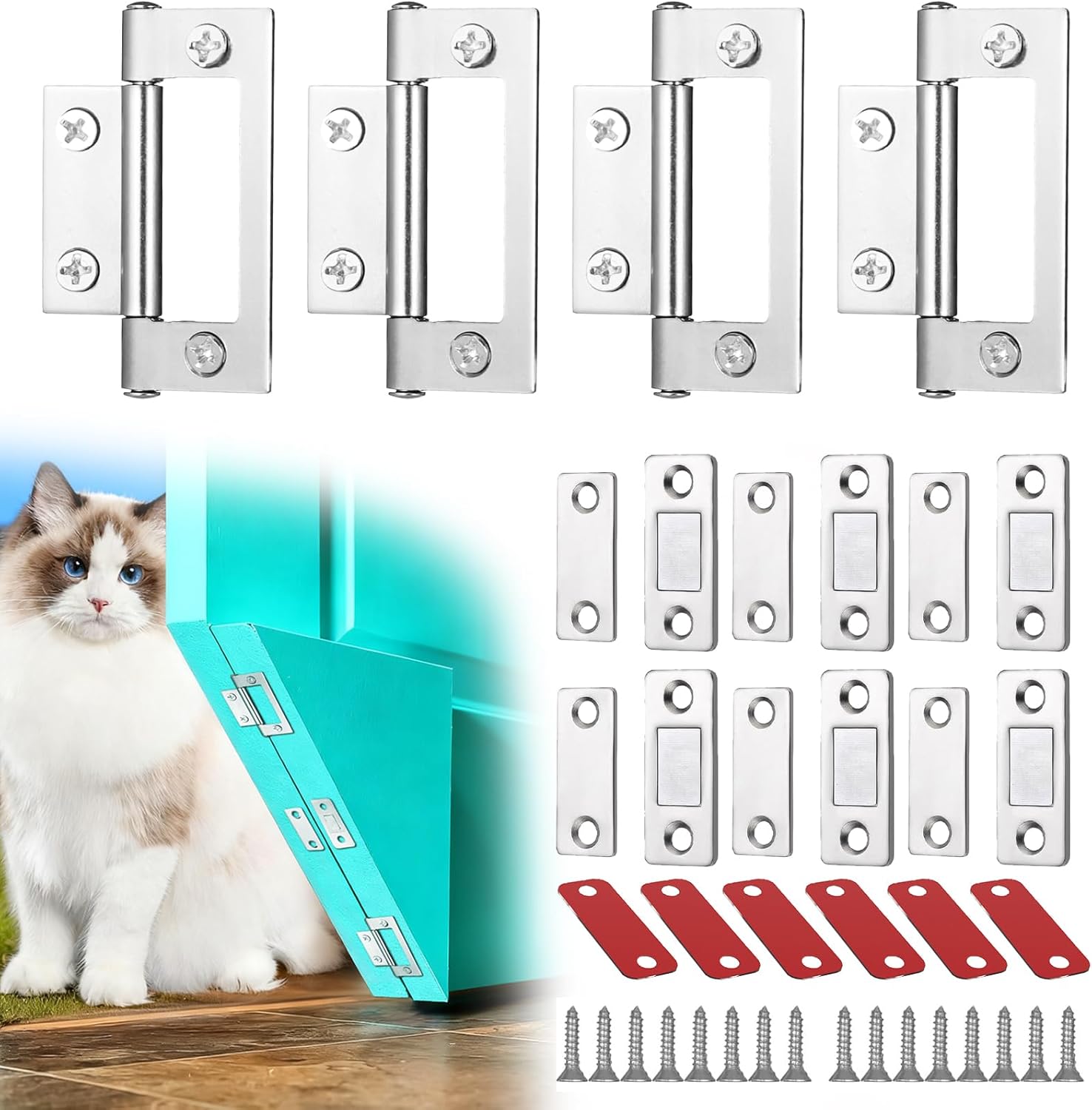 Pacify 4 Pack Cat Door Corner Hinge, Silent Kitty Corner Cat Door for Interior Solid Wood Doors, Easy Install Pet Door Hinge Kit for Cats (Left & Right Doors)