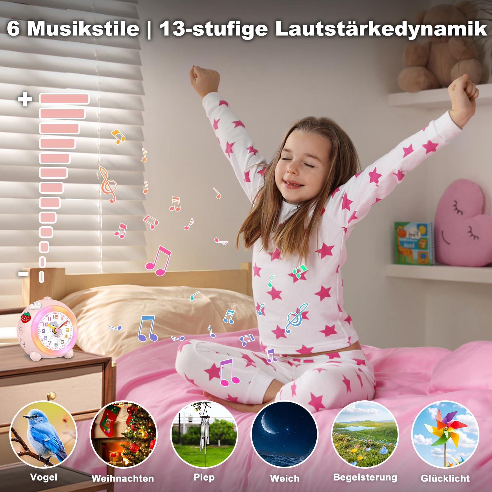 SOCICO Analoger Kinder Wecker Mädchen, Einhorn Design, Lautlos, Ohne Ticken Niedlicher Pfirsich Wecker Analog, mit Buntem Licht, Einstellbare Lautstärke (Blassrosa)