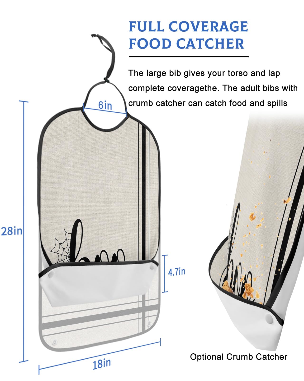 Kewadony Adult Bibs for Elderly Women - Halloween Waterproof Dining Clothing Protectors with Crumb Catcher for Eating/Feeding, Boo Black Striped Rustic Terry Cloth Bib Machine Washable