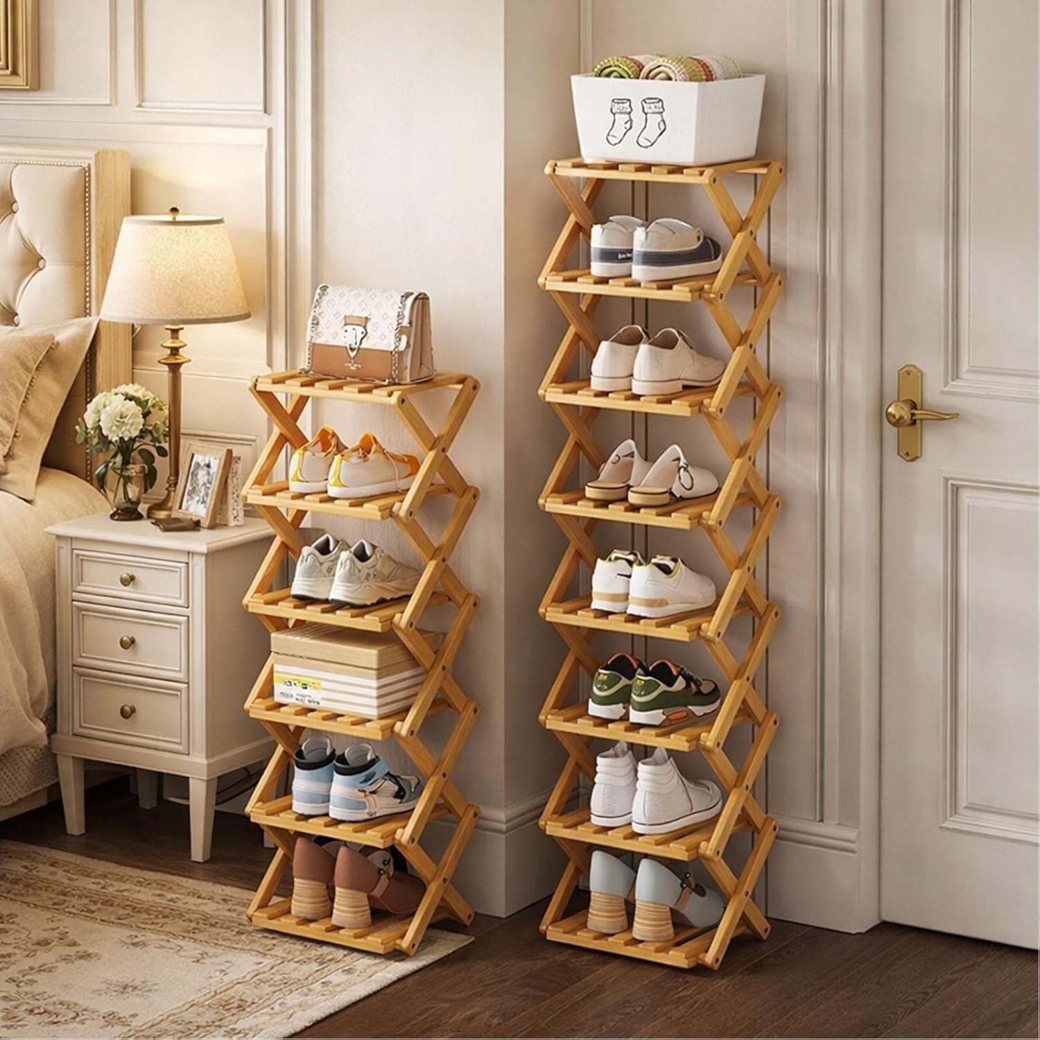 9-Tier Bamboo Shoe Rack — No Assembly Required. This Foldable, Space-Saving, and Installation-Free Narrow Shoe Organizer is Perfect for entryways, Closets, and Dormitories.