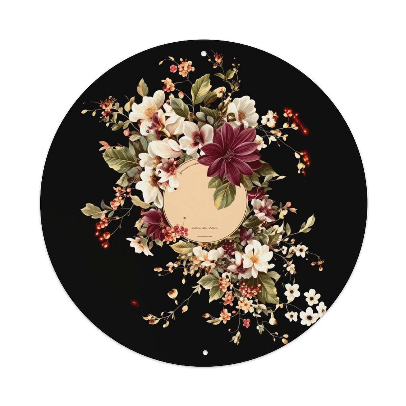 Floral Arrangement On Black Background Round Tin Sign Vintage Metal Poster, Home Bar Garage Man Cave Cafe Indoor & Outdoor Wall Decoration 8x8Inches
