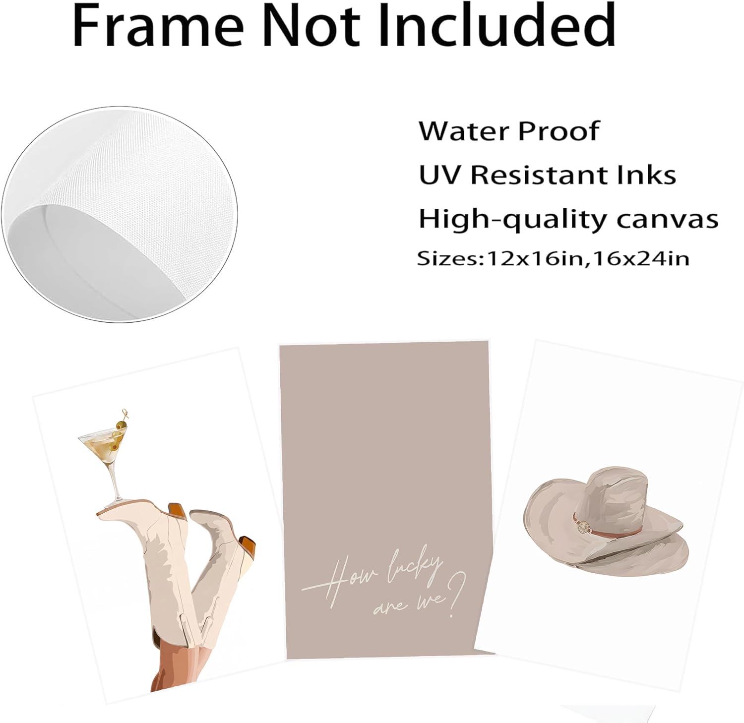 3Pcs Modern Cowgirl Canvas Wall Art Y2K style beige cowboy boots And Hats Posters Prints Trendy Preppy Martini Picture Painting Wall Decor for Living Room Dormitory Dorm Home Decoration Unframed