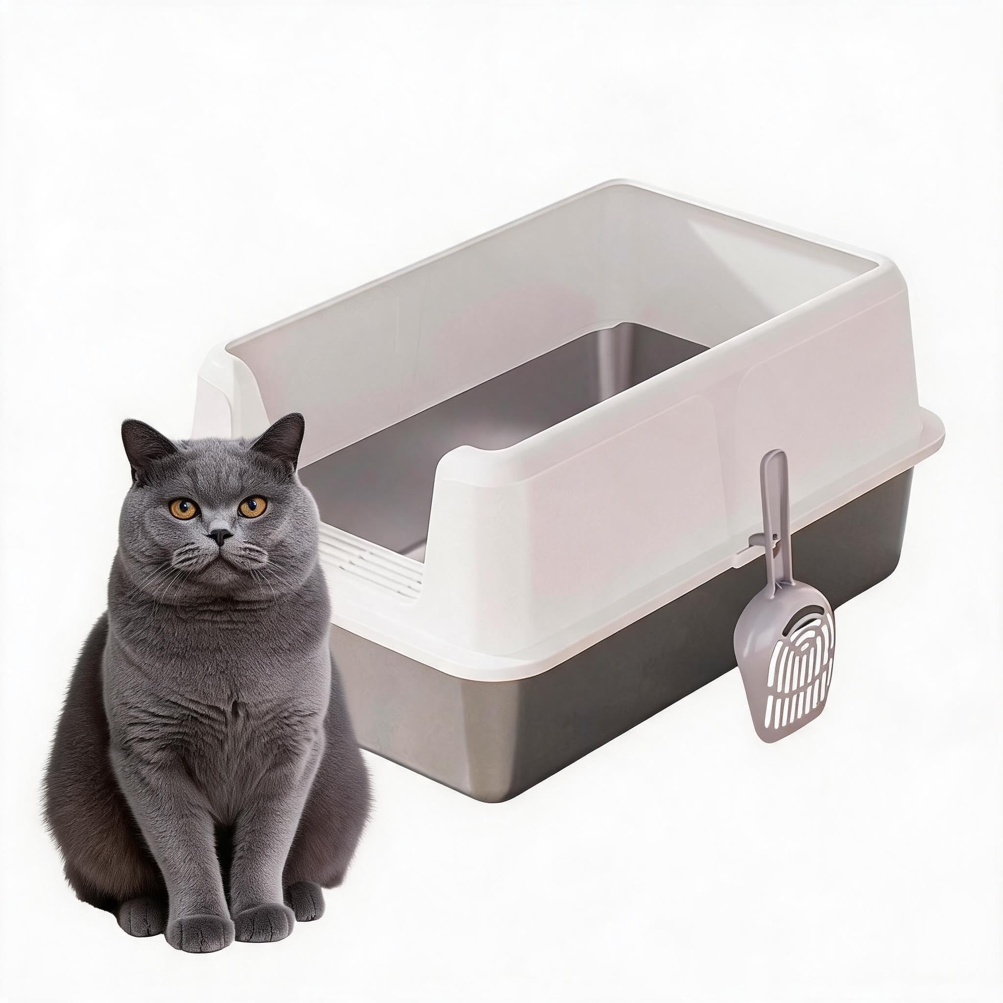 Stainless Steel Cat Litter Tray, Cat Litter Tray with Lid Leak-Proof Benders, Scoop, Easy to Clean, Spacious for Pets, Space-Saving for Homes