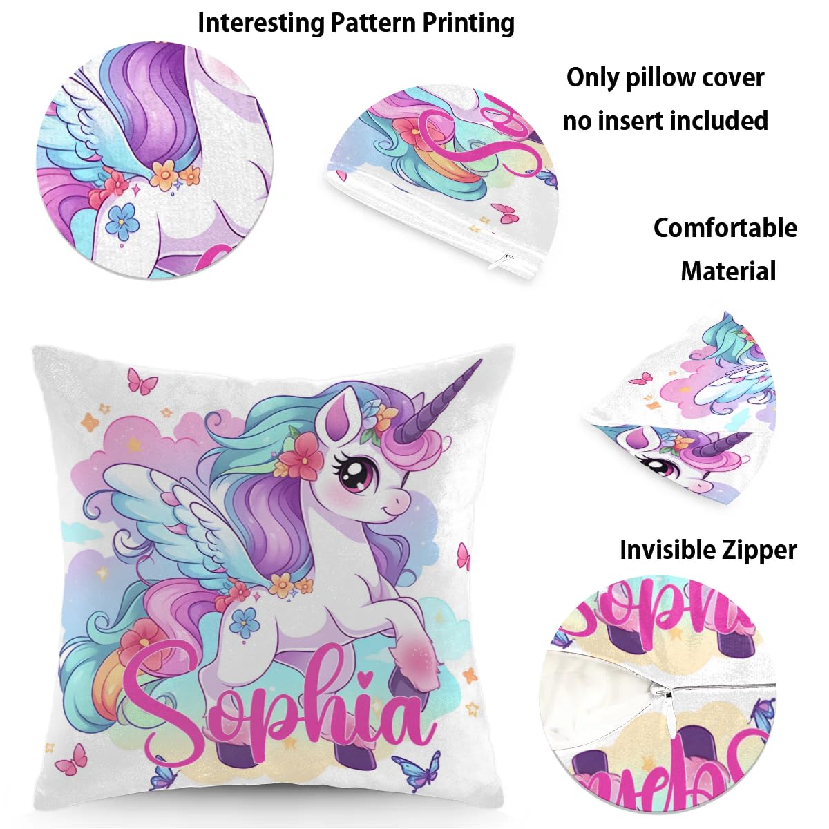Personalized Cute Unicorn Square Pillowcase for Kids-Girls,Custom Name Cushion Covers,Custom Gifts Throw Pillow Cover for Girls Children Birthday,for Sofa Car Bedroom Living Room (Cover Only)