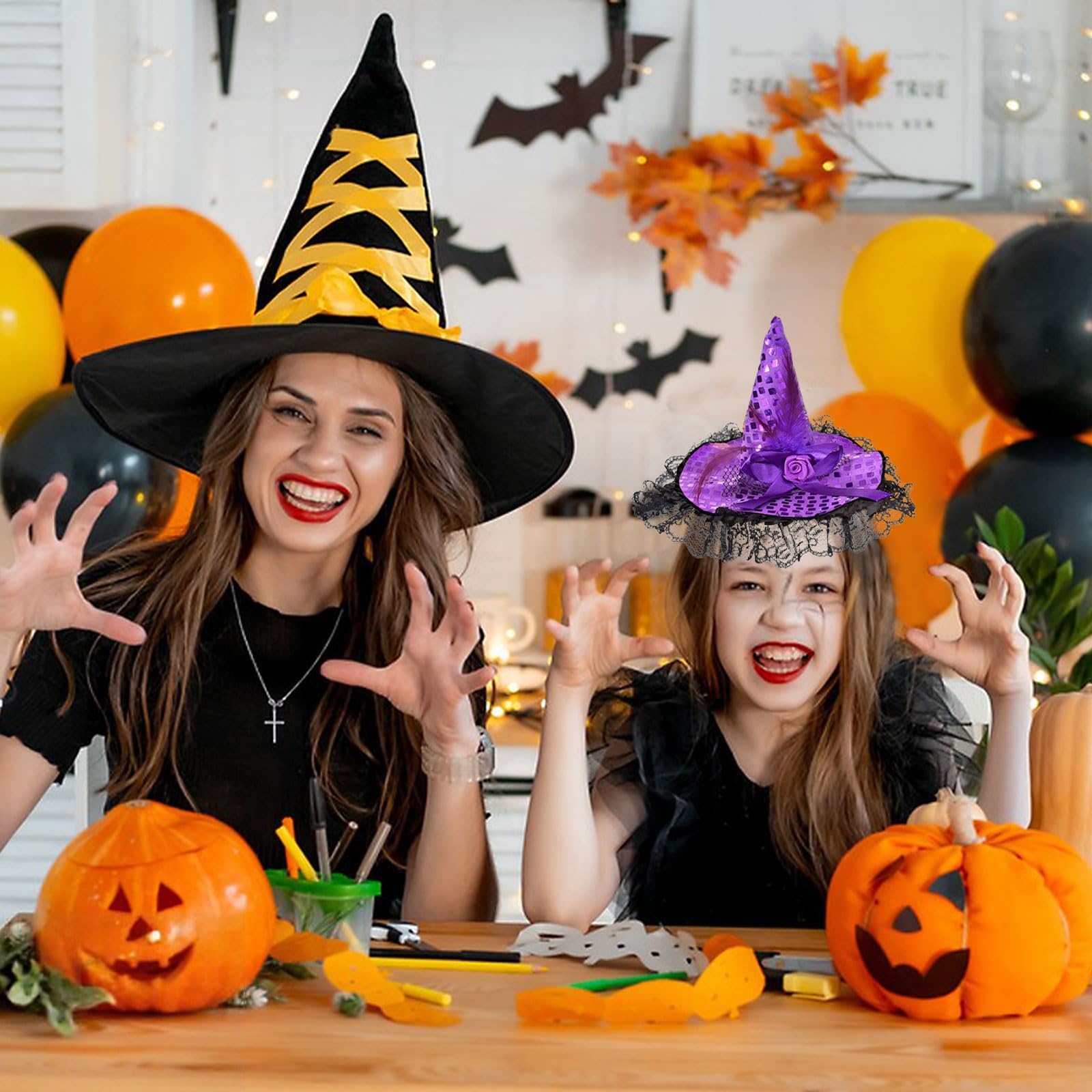 Opaska na głowę z kapeluszem czarownicy, opaska na głowę na Halloween z koronką z piórami kokarda, dekoracyjna opaska do włosów czarownicy, na imprezę maskową, cosplay Halloween