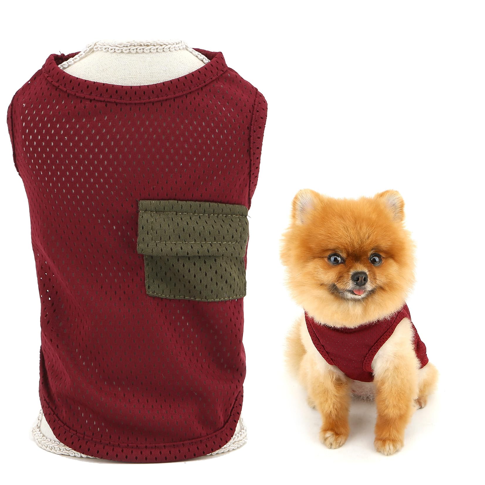 SMALLLEE_LUCKY_STORE Cool Mesh Dog T-Shirts for Extra Small and Small Dogs Solid Pet Tank Top with Cute Pocket Puppy Shirt Breathable Summer Vest Chihuahua Yorkie Cat Clothes, Dark Red, S