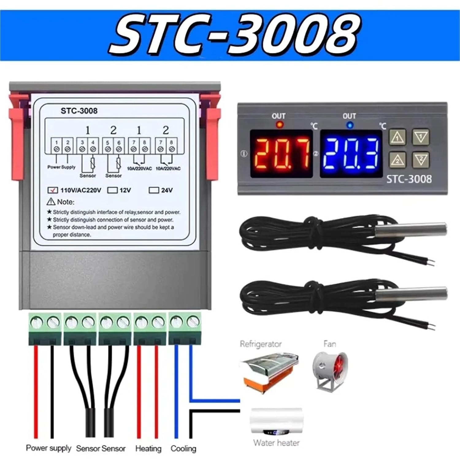 Dual Digital Temperature Controller Thermostat Thermoregulator Incubator Relay LED 12/24V 220V Heater Cooler Dual Probe STC-3008(AC110-220V)