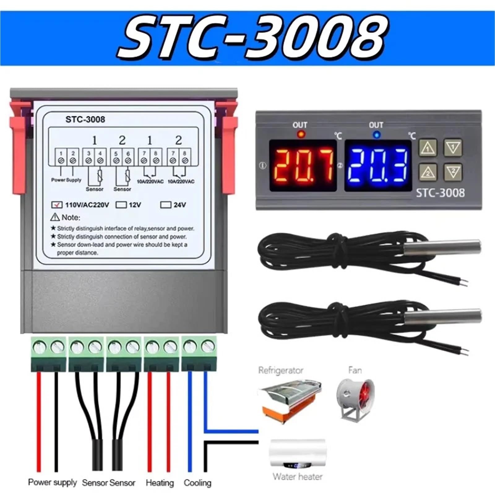 Podwójny termostat cyfrowy, regulator temperatury, przekaźnik inkubatora, 12/24 V, 220 V LED, ogrzewanie, chłodnica, podwójna sonda STC-3008 (DC12V)