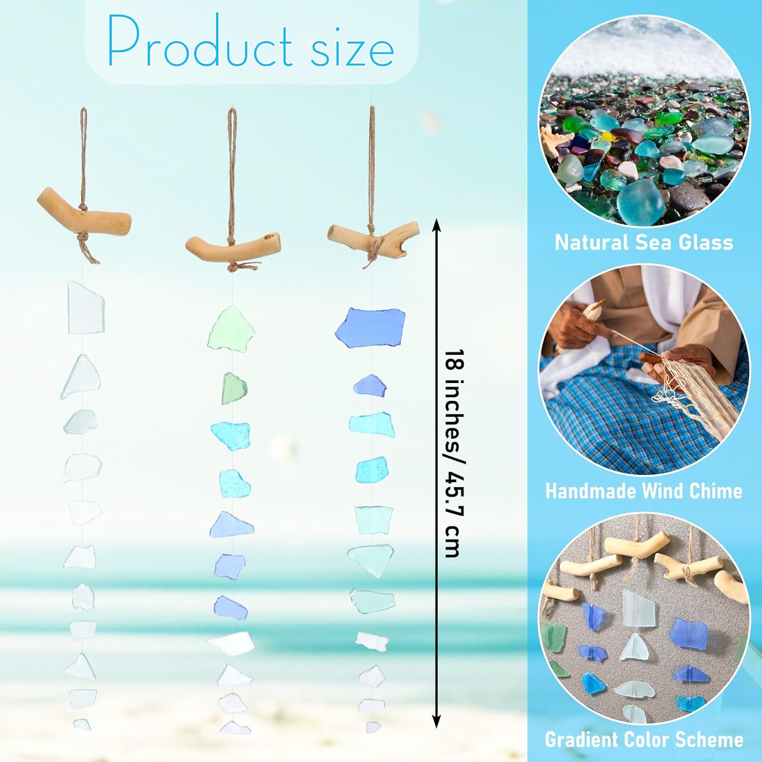 Weysat 6 Pcs Sea Glass Wind Chimes for Outside, Beach Gifts Coastal Decor Wind Chimes with Wooden Hanger, Boho Gifts for Mom Women, Hanging Beachy Decor for Home Wall Outdoor Garden Decorations