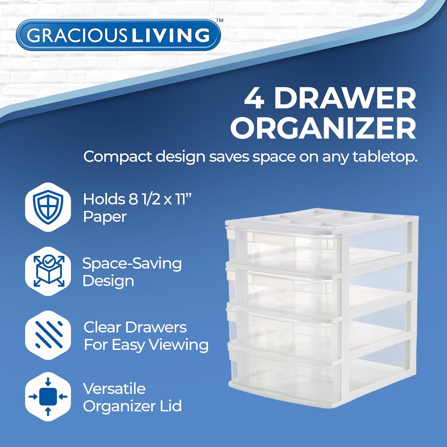 Gracious Living Drawer Organizer, 4-Tier Plastic Storage Desktop Drawers, White Frame - Desk Containers for Bathroom, Bedroom, Office, and Classroom Organization