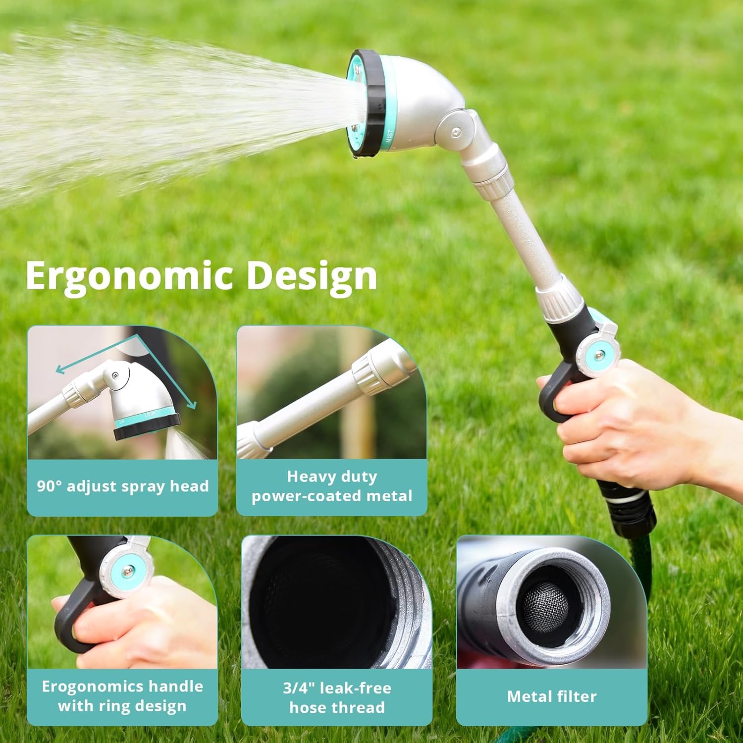 QUOBAS 16 Inch Watering Wand, Heavy Duty Garden Hose Sprayer with 90° Adjustable Head, Thumb Control & 6 Spray Patterns,Long Reach Hose Nozzle for Hanging Plants, Lawn, Garden & Outdoor Cleaning