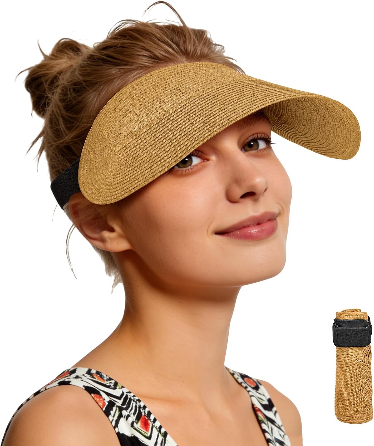 Sukeen Straw Visors for Women Packable Beach Hat for Travel Vacation | Adjustable Eco-Friendly Papyrus Sun Visor with Sweatband, UV Protection Foldable Roll-up Beach Sun Hat for Summer