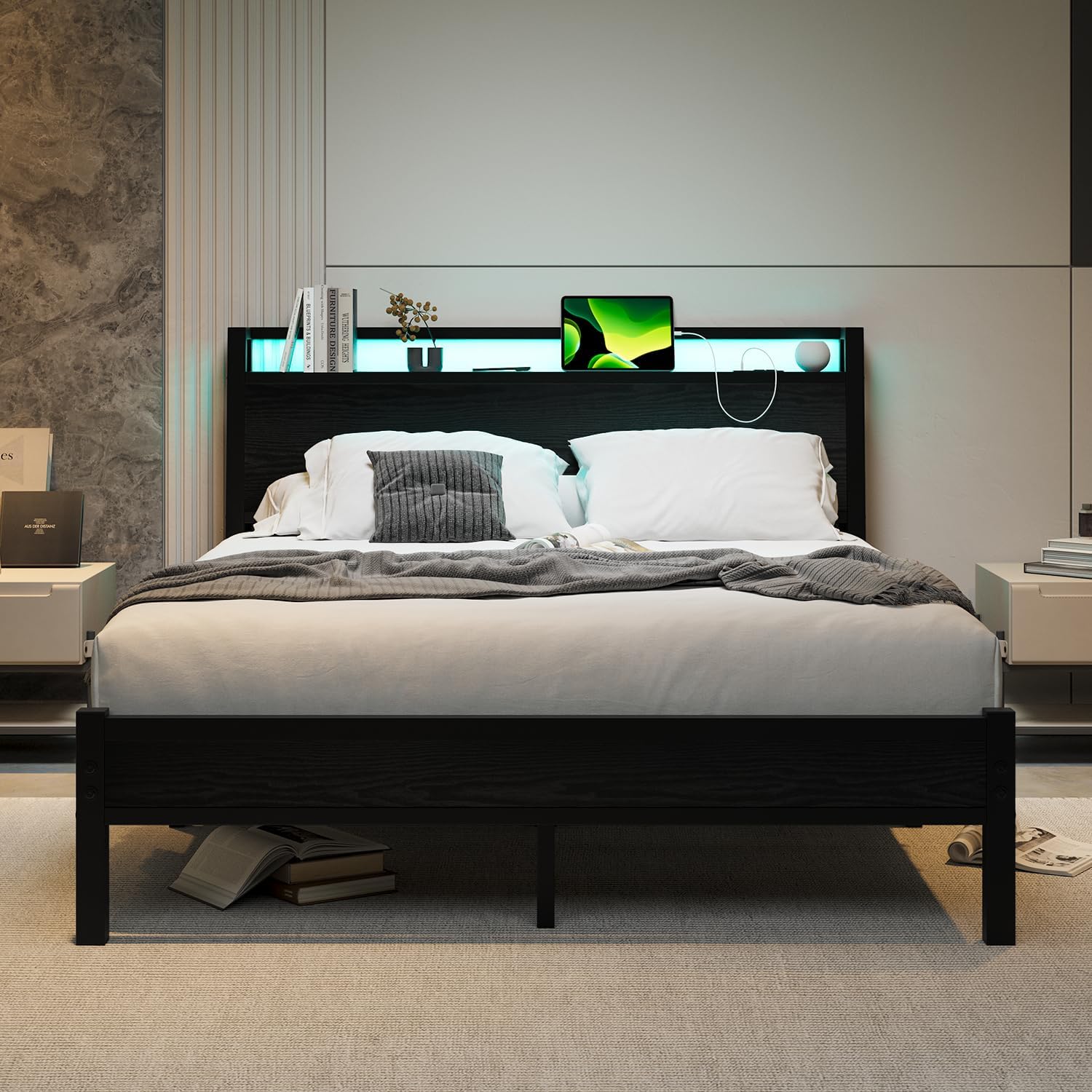 ZGEHCO クイーンベッドフレーム 人間工学に基づいたヘッドボード&amp;充電ステーション付き LEDベッドフレーム クイーンサ