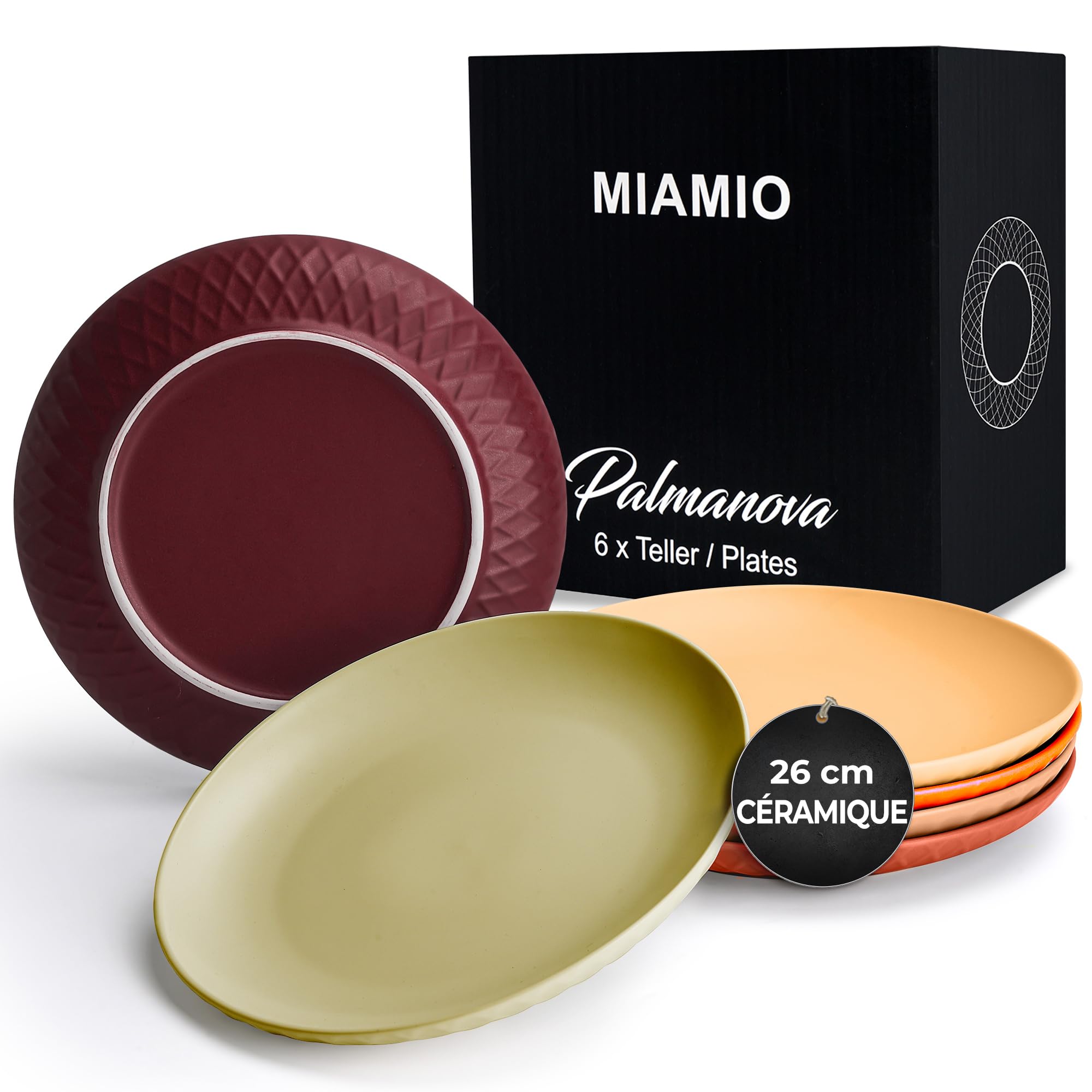 MIAMIO - lot de 6 assiettes céramiques 26 cm Palmanova (Rouge) pour cuisine | Assiettes en céramique pour repas et desserts, 26 cm, Palmanova (Rouge). Pratique pour les repas et boissons à la maison.