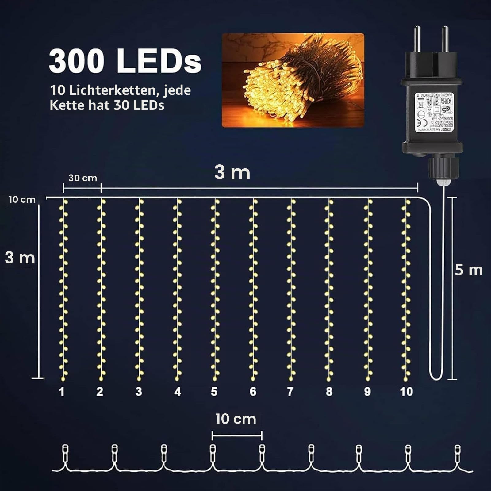 Joycome 2 Stück Lichtervorhang 3m x 3m 300 LED Lichterketten Vorhang | Stecker/8 Modi/Wasserdicht Lichterkette Wand für Zimmer Balkon Party Pavillon Decke Terrassen Hochzeitsdeko (Warmweiß)