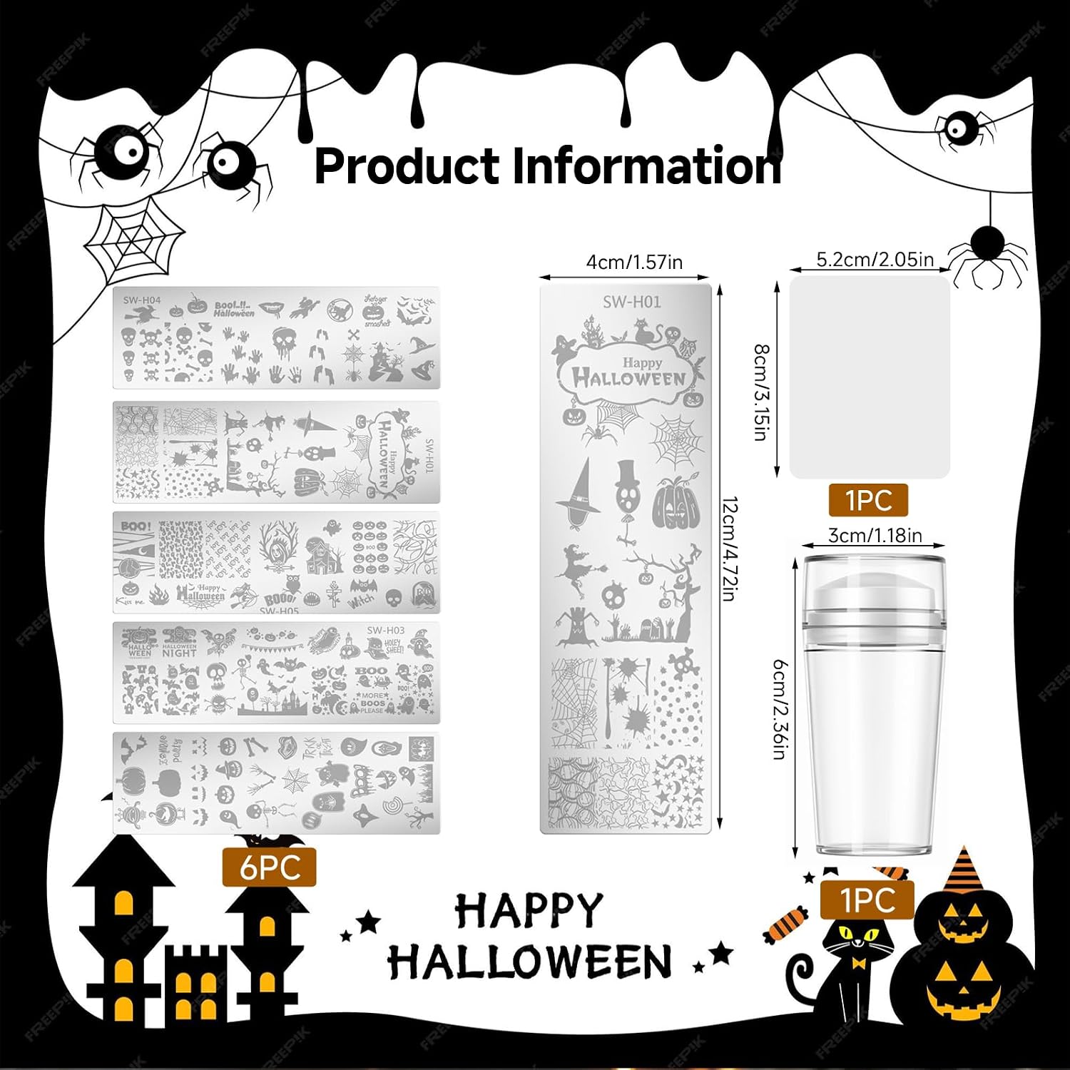 Halloween Nail Art Stamping Plates Set - 6pcs Stainless Steel Templates, Silicone Stamper, Scraper & Decals for DIY Manicure Salon - Skull, Spiderweb, Pumpkin, Ghost Design
