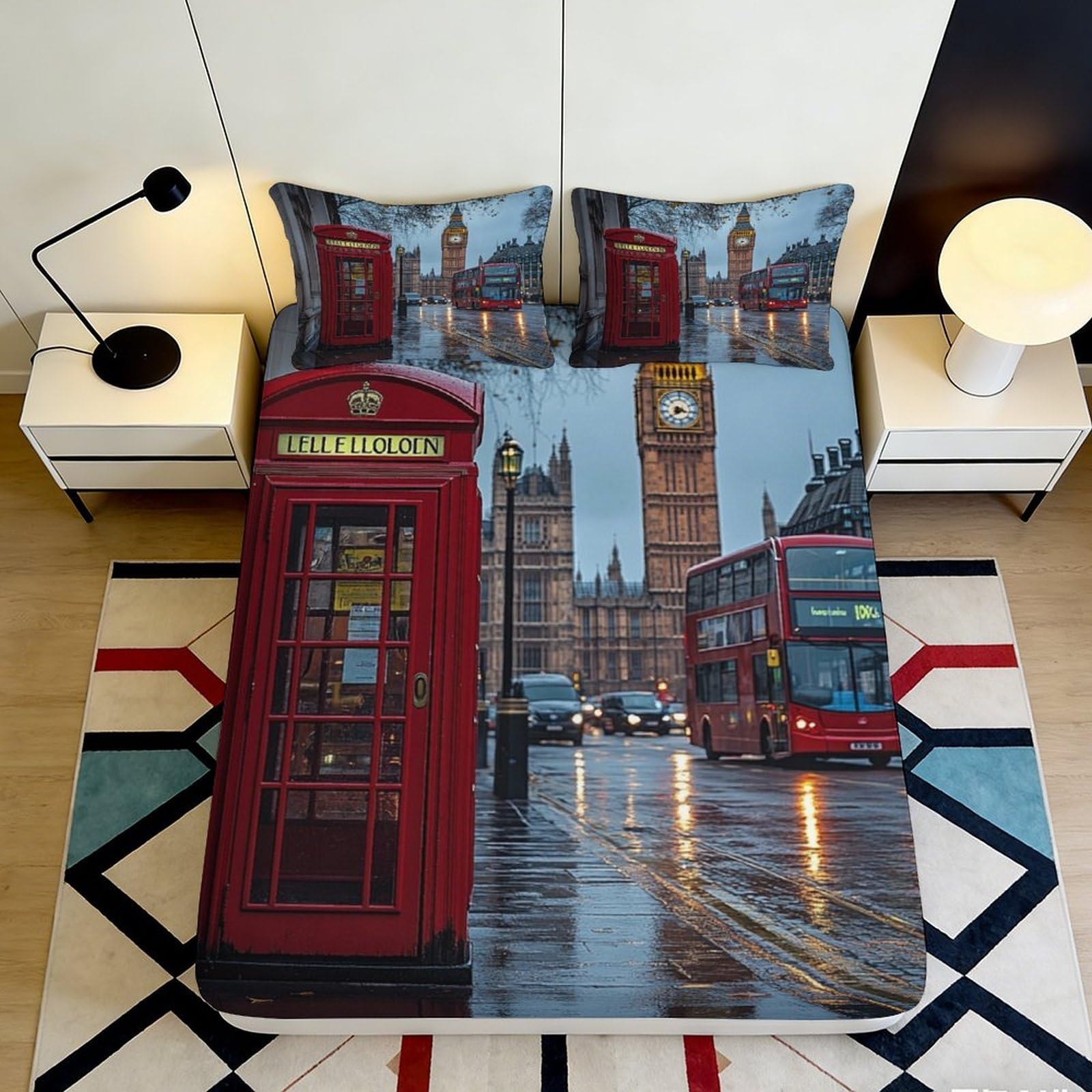 Jqzkxnhpbr Style-1 3D Printed London Red Phone Booth Fitted Sheet Microfiber Soft Breathable Big Ben Bed Cover For Bedroom Dorm Decor 90X200x25cm