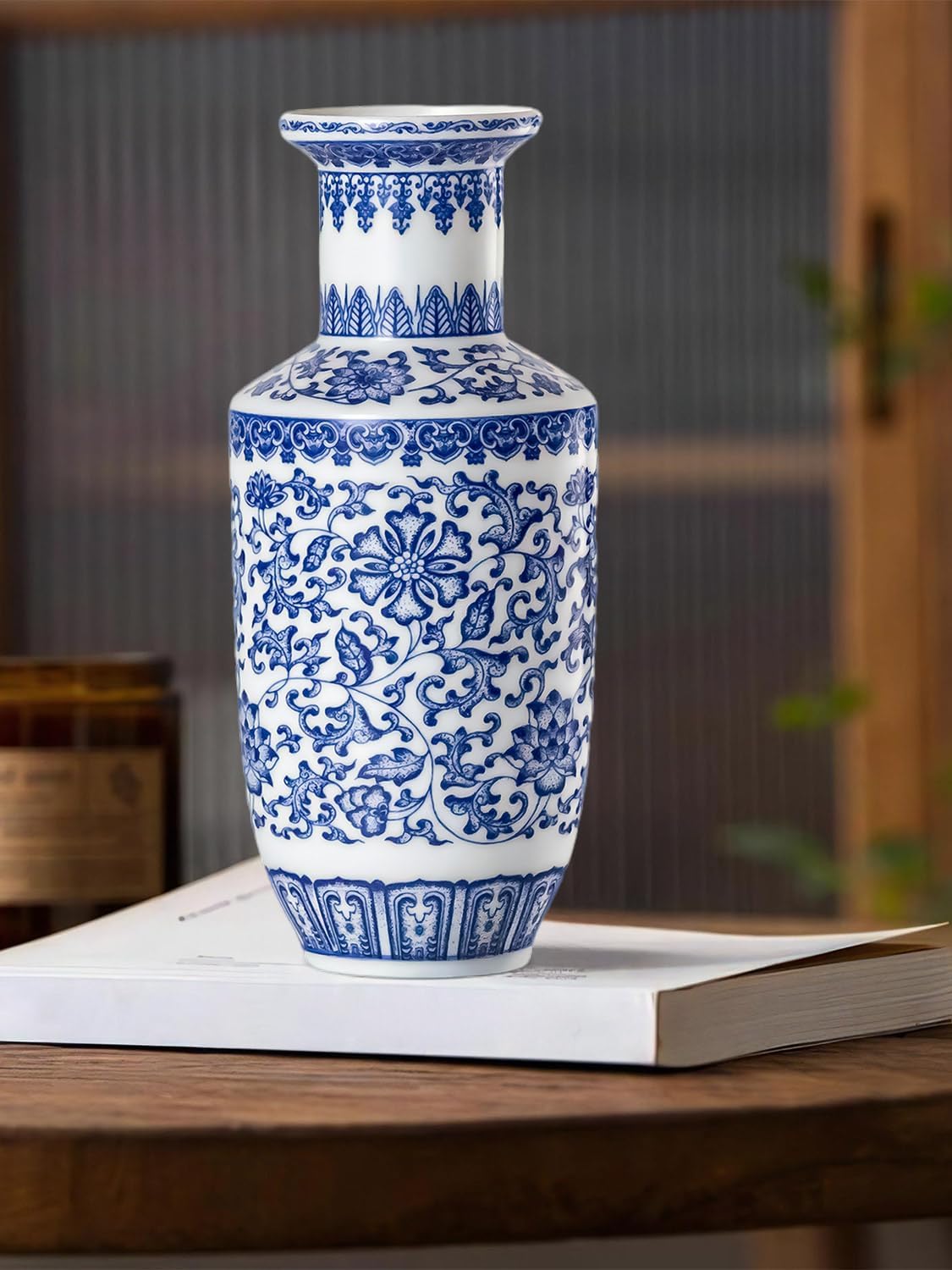 Qinlang 10.5 Inch Blue and White Ceramic Vase, Porcelain Flower Vase for Centerpieces, Decorative Floral Vase for Flowers and Home Decor - Bottle Shaped