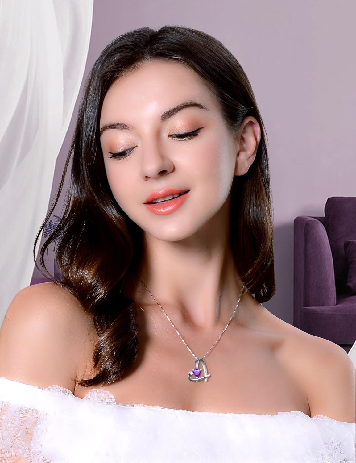 HXZZ Fine Jewelry Natural Gemstone Amethyst Sterling Silver Pendant Necklace Gifts for Women (Amethyst,Heart,I love you the moon and back)