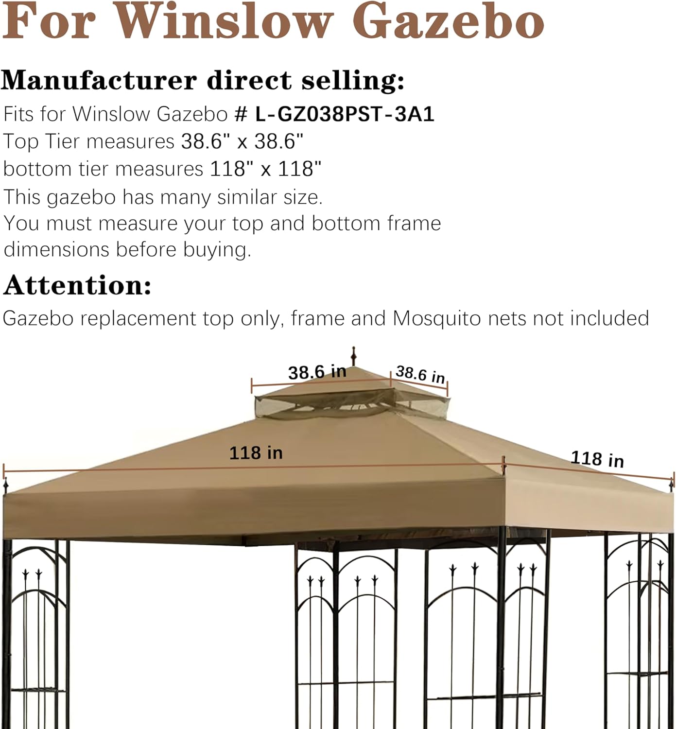 SCOCANOPY Gazebo Replacement Cover Top Fit for Winslow Gazebo (10X10 FT) Modle # L-GZ038PST-3A, (Khaki)