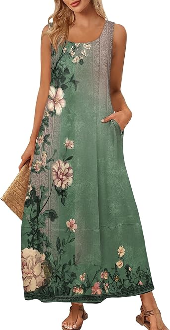 Sundresses for Women,2025 Summer Casual Scoop Neck Sleeveless Tank Maxi Dress,Trendy Floral Beach Vacation Dress