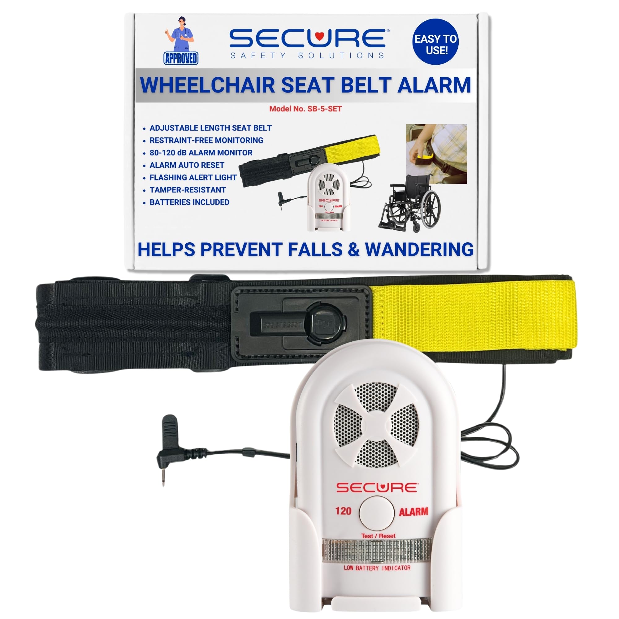 Secure Wheelchair Seatbelt Chair Alarm for Elderly Dementia Patients - Non Restraint Seat Belt Strap Sensor and 120 dB Alarm Monitor - Fall Prevention Safety Device for Monitoring Seniors