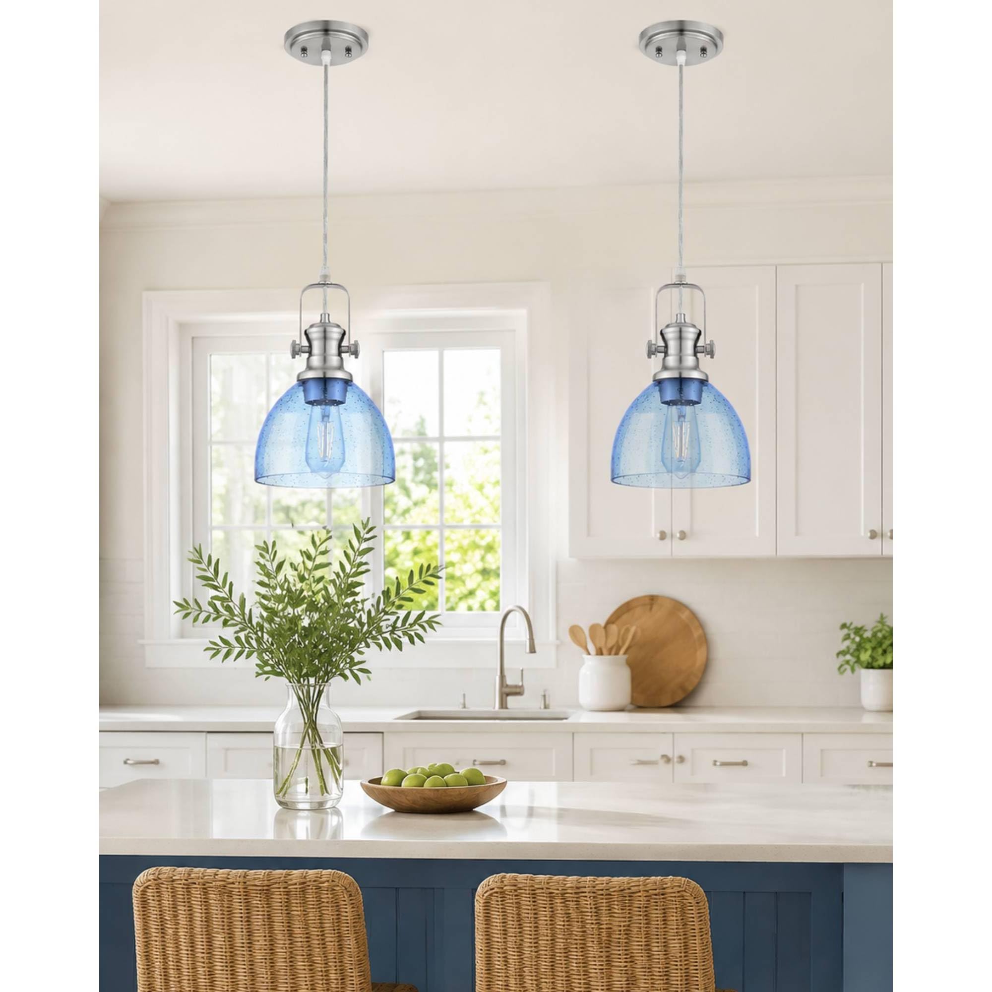 2-Pack 7.5" Brushed Nickel Pendant Lights, Blue Seeded Glass Shade