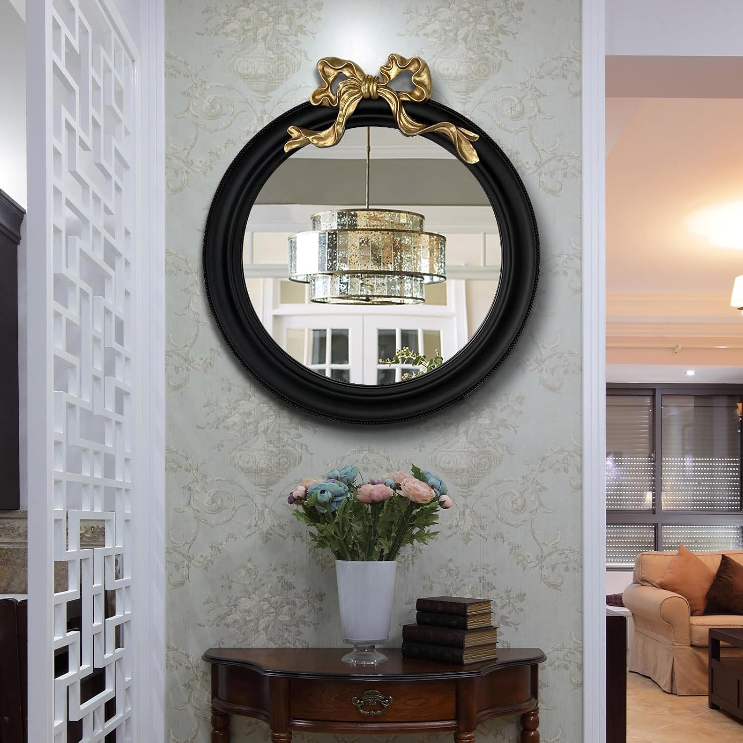 24x24 Inch Antique Round Wall Mirror, Gold and Black Bow Frame Circle Mirror for Wall Decor, Decorative Hanging Vanity Mirror for Bathroom, Living Room, Bedroom & Entryway