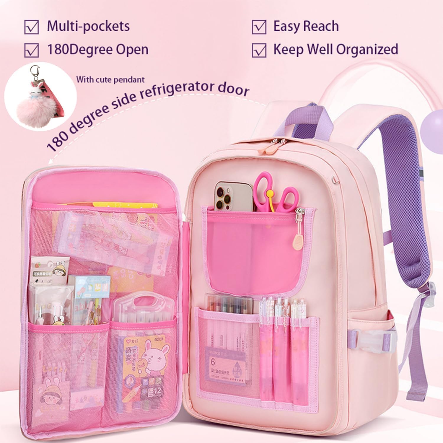 Girls Backpack,Kawaii Bunny Backpack for Girls Kindergarten Cute Elementary Schoolbag with Lunch Box Kids Children Bookbag Casual Daypack with Chest Strap - Image 2