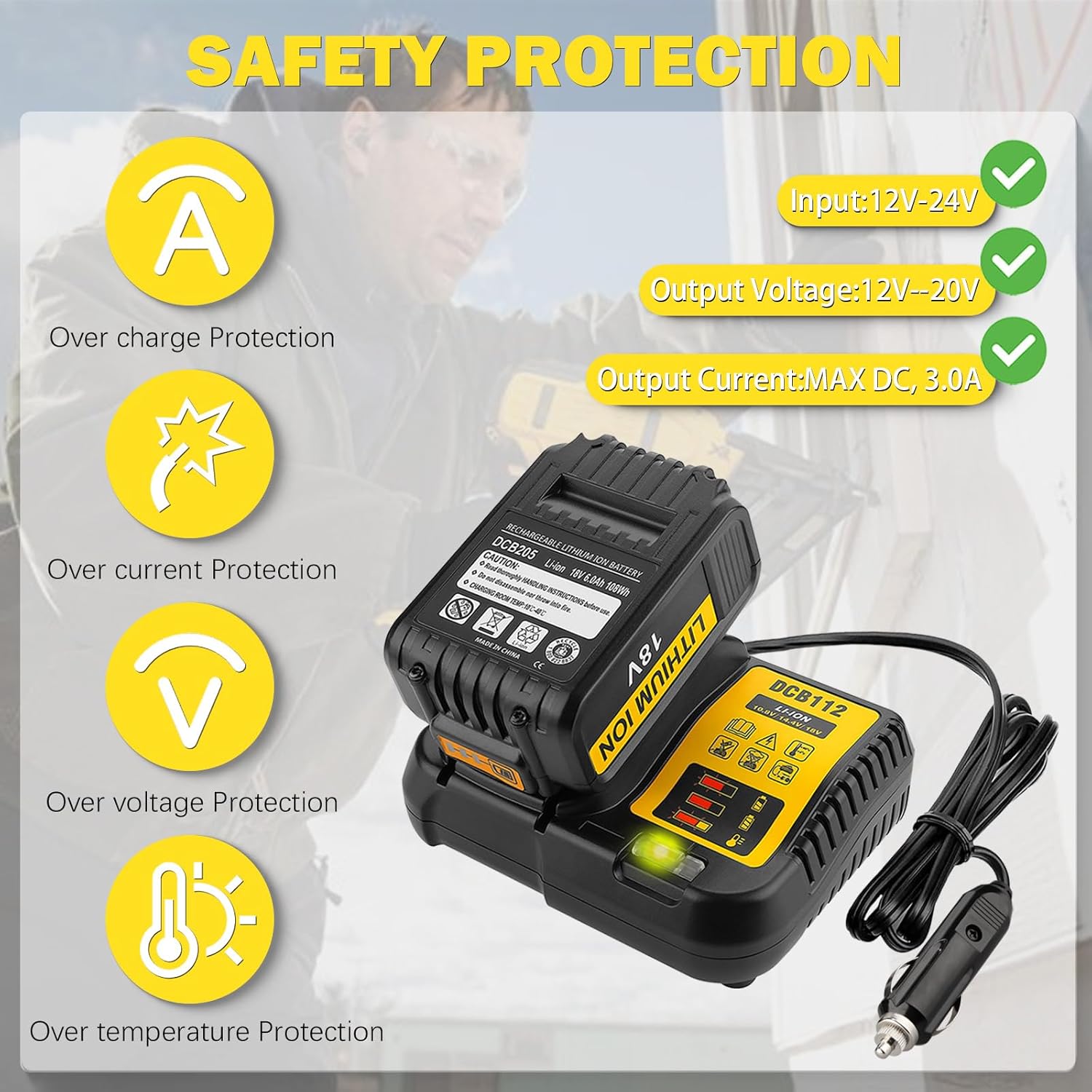 for DeWalt 12V/20V 14.4V MAX Car Battery Replacement Charger, 3A Vehicle Charger with Cigarette Lighter Plug, Replacement for DCB112 DCB119, On‑Go Charging for DeWalt Lithium Batteries