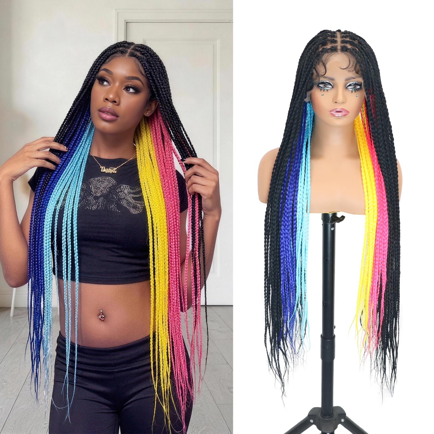 360 Full Lace Braided Wigs 36 Inch Long Glueless Synthetic Braided Wig with Baby Hair Knotless Braids Colorful Box Braids Wig for Women