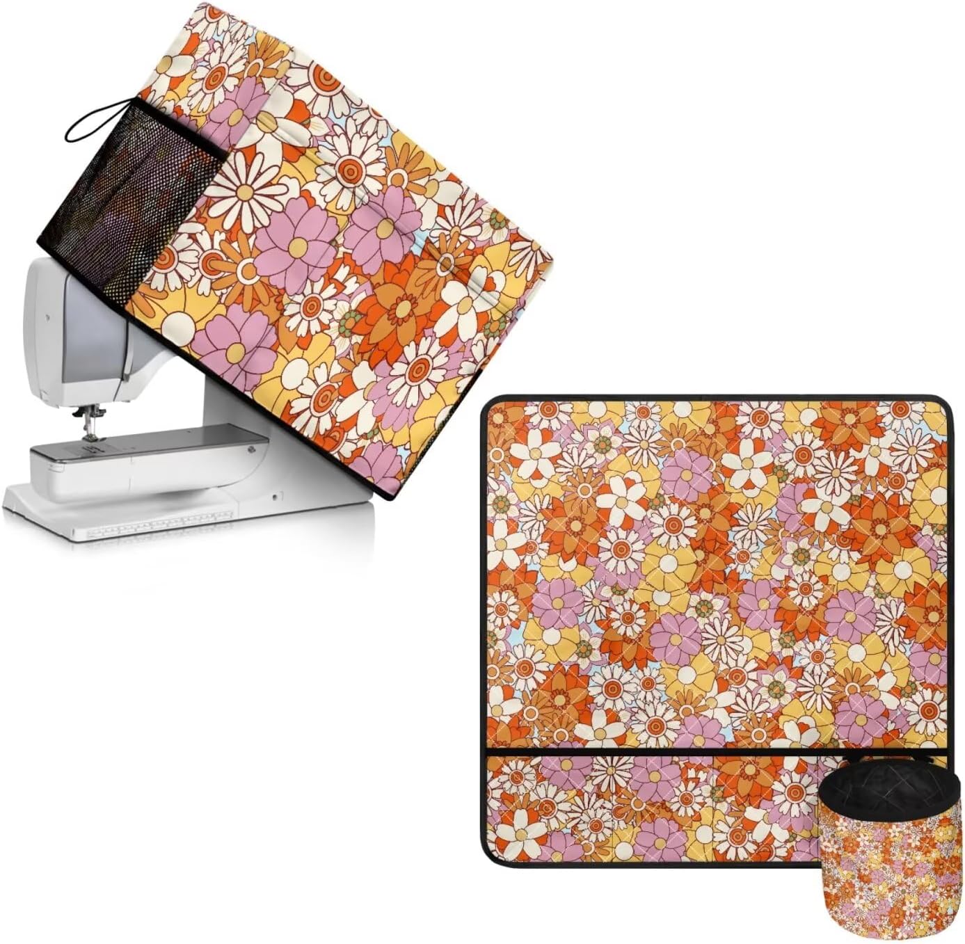 Boho Sewing Machine Dust Covers & Mat with Pockets for Sewing Accessories Dust Proof Sewing Machine Cover Hippie Flower Orange