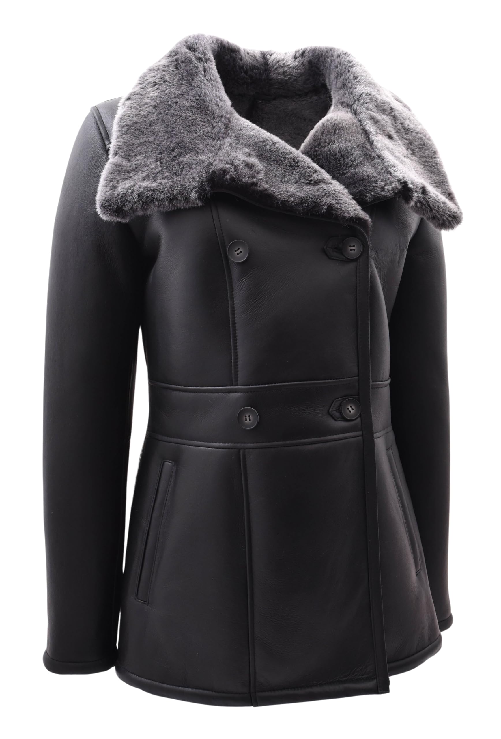 House Of Leather Womens Real Sheepskin Shearling Black Brisa Classic Double Breasted Coat Bonnie (UK, Numeric, 20, Regular, Regular, Black)