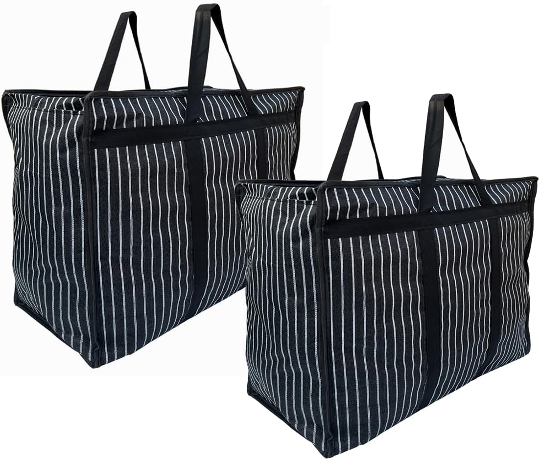 Multipurpose Extra Large Big Heavy Duty Storage Organizer Reusable Canvas Shopper Bag with Strong Handles and Base with Covers Zip (Black)