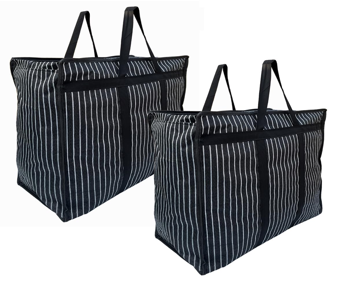 Multipurpose Extra Large Big Heavy Duty Storage Organizer Reusable Canvas Shopper Bag with Strong Handles and Base with Covers Zip (Black)